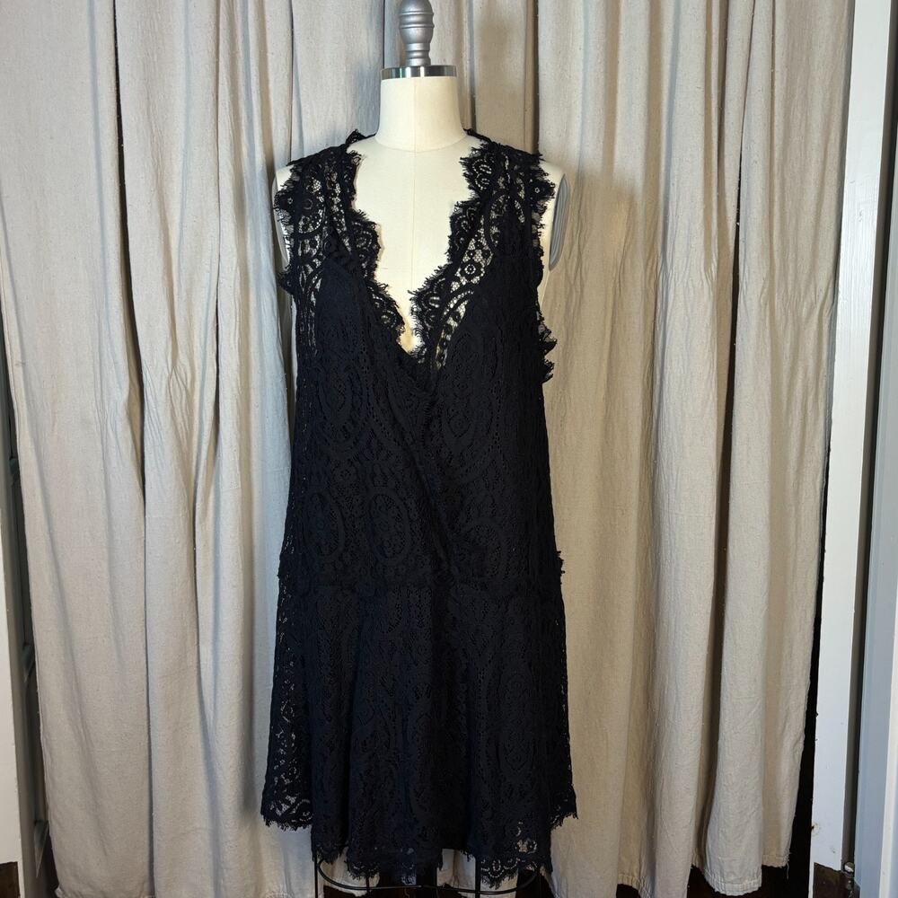 Free People Black Lace Drop Waist Mini Dress Deep V Size Medium